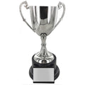 15-1/2 INCH NICKEL PLATED POLISHED SILVER TROPHY CUP ON BLACK BASE