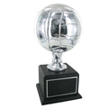 15-1/2 INCH SILVER VOLLEYBALL TROPHY WITH 8 INCH DIAMETER BALL ON BLACK BASE