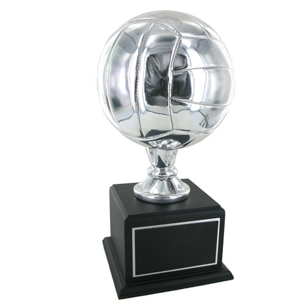 15-1/2 INCH SILVER VOLLEYBALL TROPHY WITH 8 INCH DIAMETER BALL ON BLACK BASE