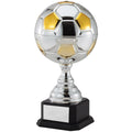 15-1/2 INCH TWO TONE BRIGHT SILVER AND GOLD SOCCERBALL TROPHY