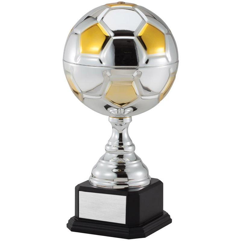 15-1/2 INCH TWO TONE BRIGHT SILVER AND GOLD SOCCERBALL TROPHY