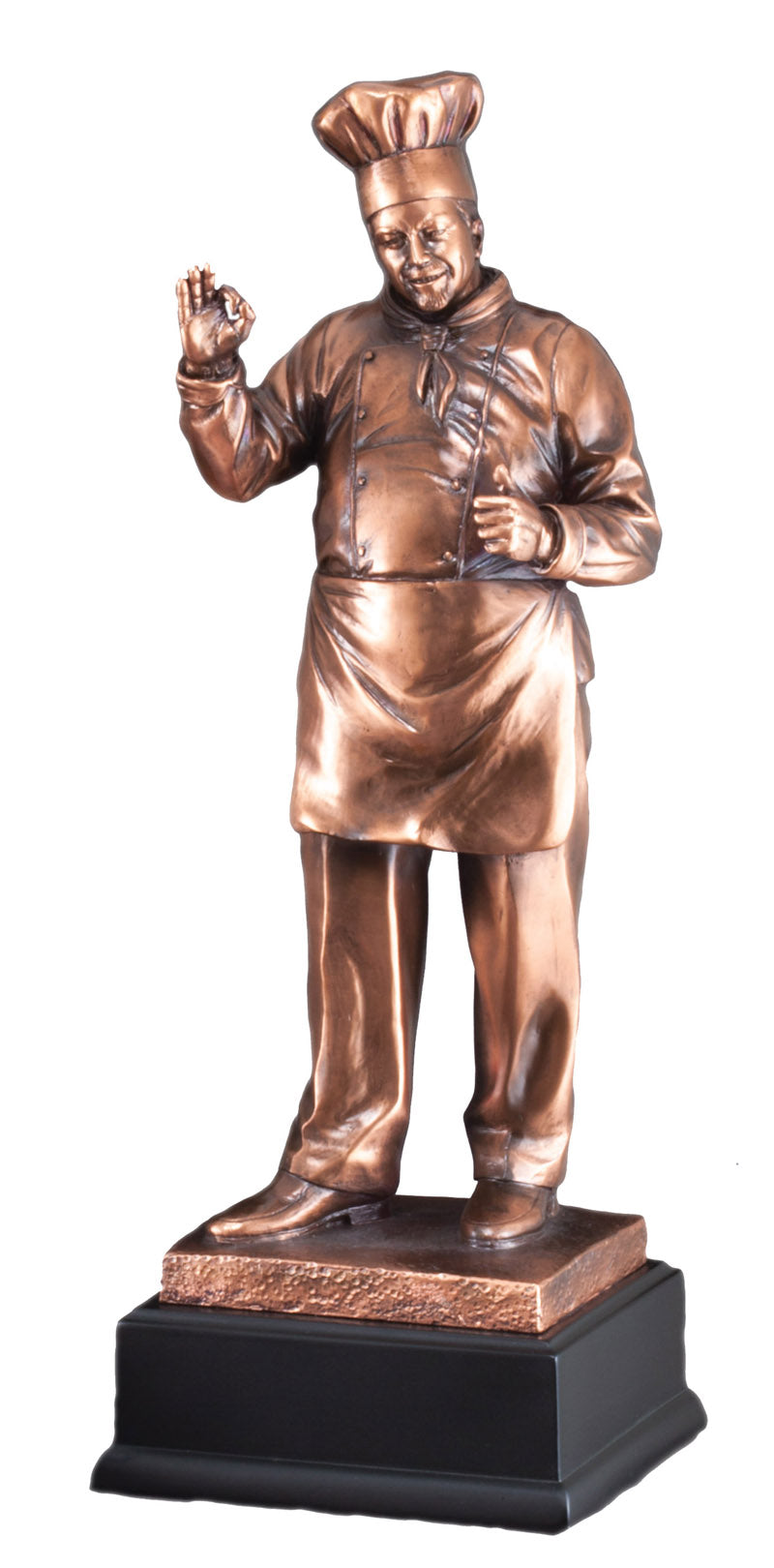 15 INCH ANTIQUE BRONZE ELECTROPLATED CHEF TROPHY ON BLACK WOOD BASE