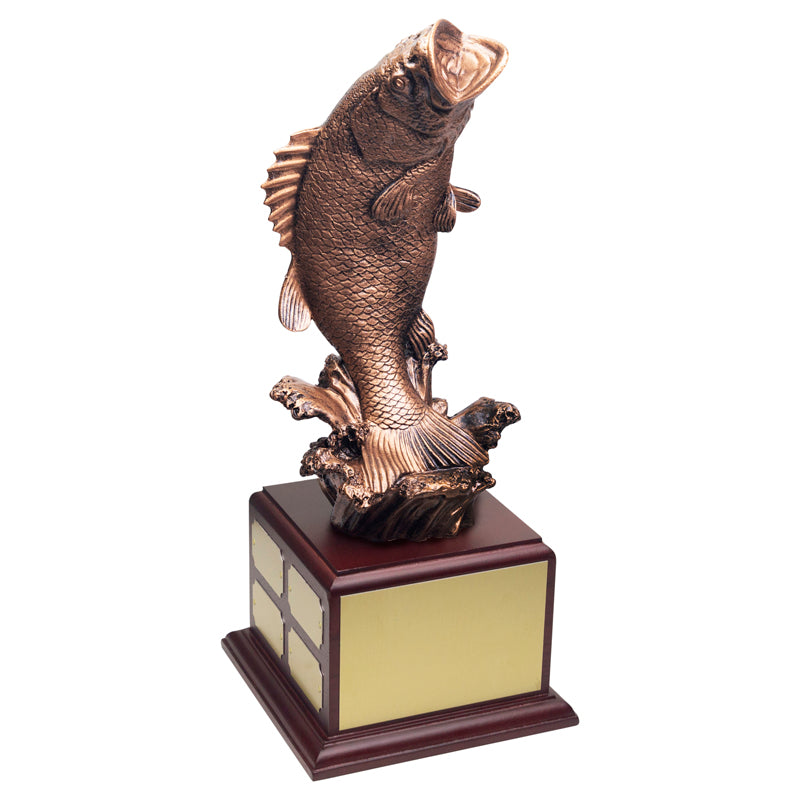 15 INCH ANTIQUE GOLD BASS FISH FIGURE PERPETUAL TROPHY ON ROSEWOOD BASE-12 NAME PLATES