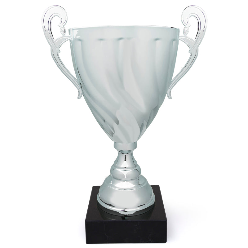 15 INCH ITALIAN SILVER TROPHY CUP SWIRL PATTERN ON BLACK MARBLE BASE