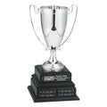 15 INCH PERPETUAL TROPHY WITH 10-1/4 INCH SILVER CUP ON BLACK BASE, 16 PLATES