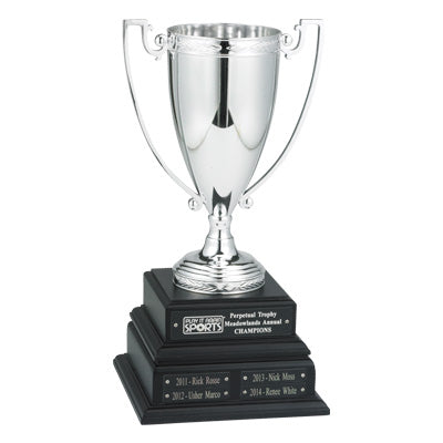 15 INCH PERPETUAL TROPHY WITH 10-1/4 INCH SILVER CUP ON BLACK BASE, 16 PLATES