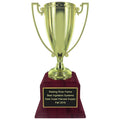16-1/2 INCH HEIGHT BRIGHT GOLD METAL CUP TROPHY ON ROSEWOOD PIANO FINISH BASE