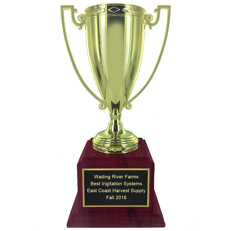 16-1/2 INCH HEIGHT BRIGHT GOLD METAL CUP TROPHY ON ROSEWOOD PIANO FINISH BASE