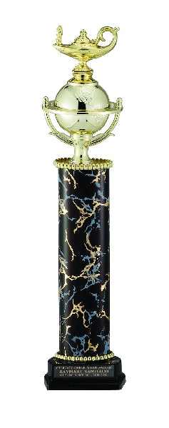16, 17, 18 INCH BLACK AND GOLD ONE COLUMN TROPHY, TAKES FIGURE