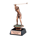 16 INCH FEMALE GOLF BACK SWING TROPHY ELECTROPLATED BRONZE ON BLACK BASE