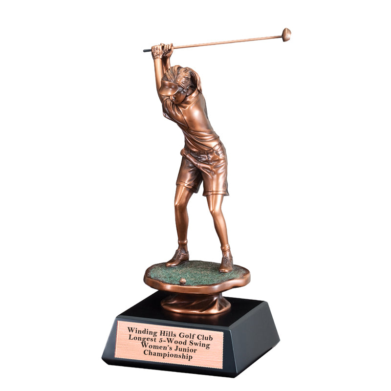 16 INCH FEMALE GOLF BACK SWING TROPHY ELECTROPLATED BRONZE ON BLACK BASE
