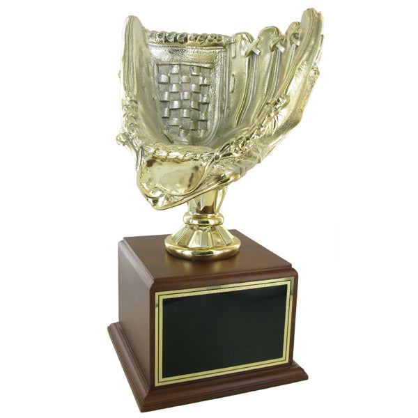 16 INCH GOLD BASEBALL GLOVE TROPHY WITH 11 INCH GLOVE ON WALNUT BASE