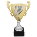 16 INCH ITALIAN SILVER AND GOLD SWIRL TROPHY CUP ON A BLACK MARBLE BASE