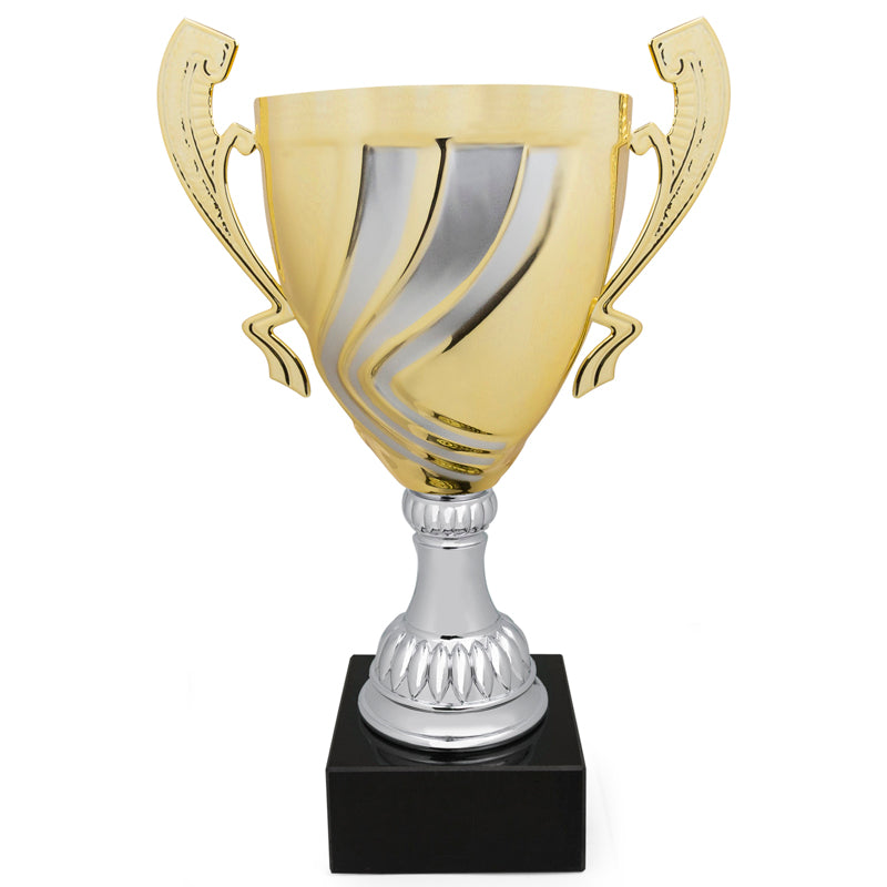 16 INCH ITALIAN SILVER AND GOLD SWIRL TROPHY CUP ON A BLACK MARBLE BASE