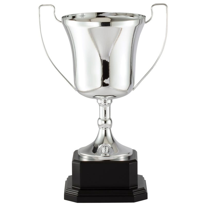 16 INCH POLISHED SILVER ITALIAN TROPHY CUP ON EBONY FINISH WOOD BASE