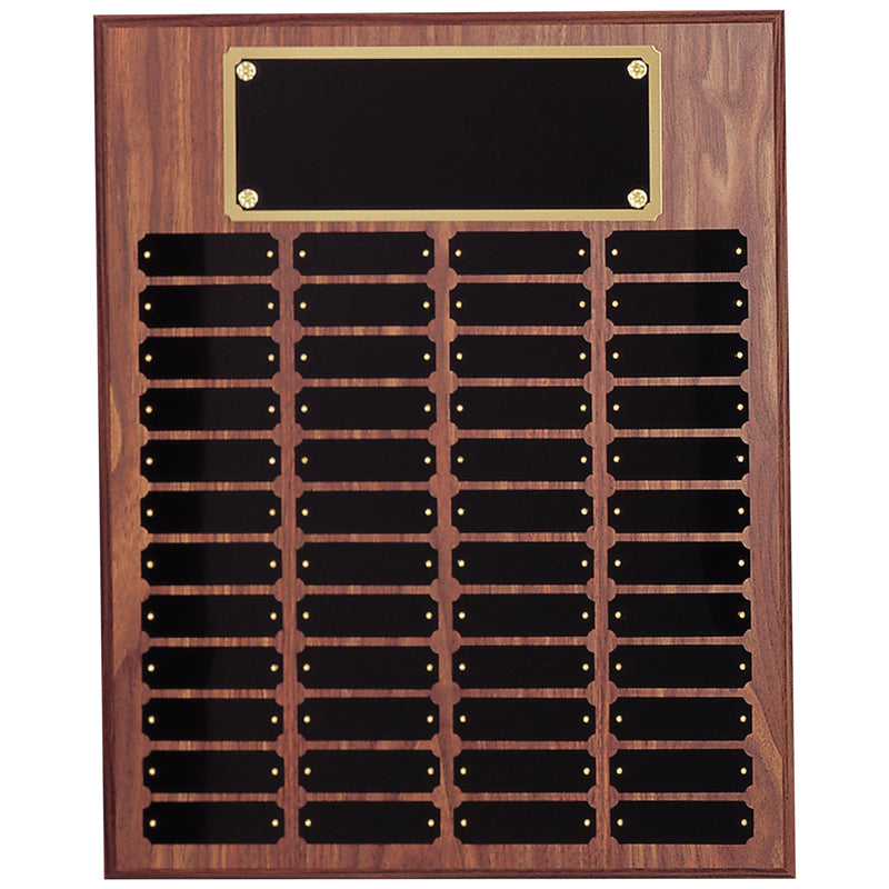 16 x 20 INCH WALNUT FINISH PERPETUAL PLAQUE WITH BLACK AND GOLD HEADER PLATE-48 NAME PLATES