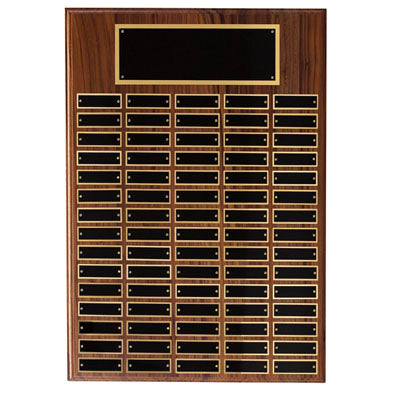 16 X 22 INCH MULTIPLE PLATE WALNUT VENEER PLAQUE WITH 75 BLACK SCREENED PLATES