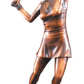 17-1/2 INCH ANTIQUE BRONZE ELECTROPLATED FEMALE TENNIS PLAYER TROPHY ON BLACK WOOD BASE