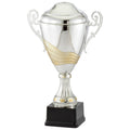 17-1/2 INCH ITALIAN TWO-TONE SILVER AND GOLD TROPHY CUP ON BLACK BASE