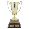 17-1/2  INCH PERPETUAL TROPHY WITH 13 INCH GOLD CUP ON WALNUT FINISH BASE, 16 PLATES