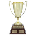 17-1/2  INCH PERPETUAL TROPHY WITH 13 INCH GOLD CUP ON WALNUT FINISH BASE, 4 PLATES