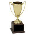 17-1/2 INCH TROPHY GOLD CUP WITH  BLACK PLATE ON WALNUT FINISH BASE