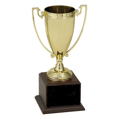 17-1/2 INCH TROPHY GOLD CUP WITH  BLACK PLATE ON WALNUT FINISH BASE