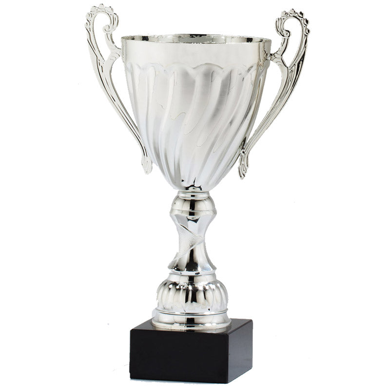 17-1/4 INCH HEIGHT SWIRL SILVER METAL TROPHY CUP ON A BLACK MARBLE BASE