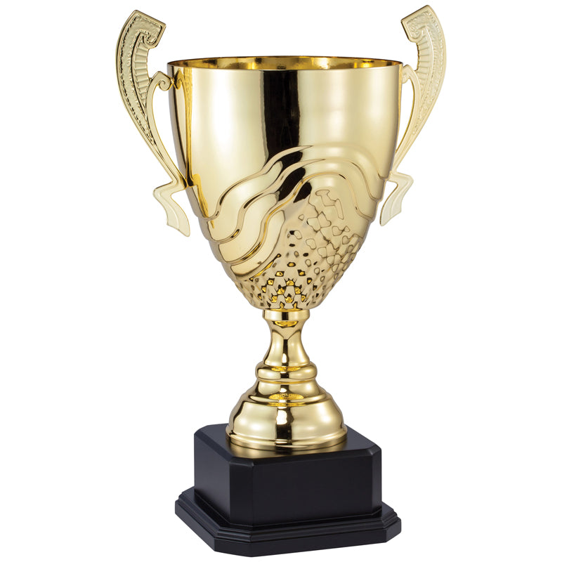 17-3/4 INCH GOLD METAL SWIRL AND GRID CUP ON BLACK MARBLE BASE