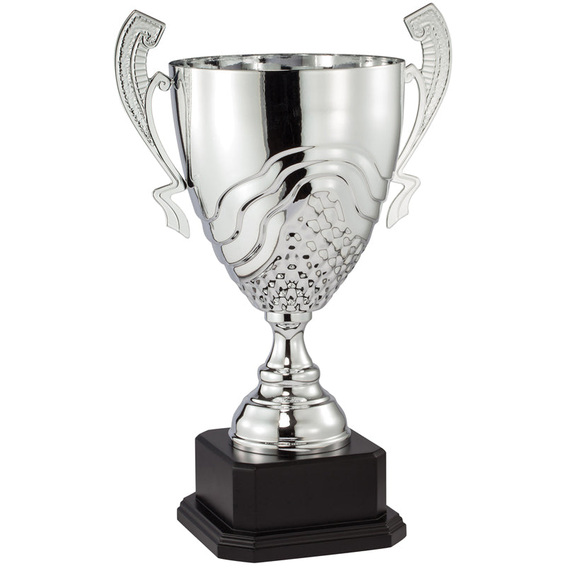 17-3/4 INCH SILVER METAL SWIRL AND GRID CUP ON BLACK MARBLE BASE