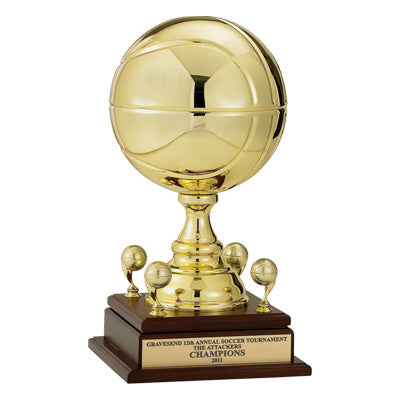 17 INCH GOLD METAL BASKETBALL TROPHY WITH 9 INCH DIAMETER BALL AND TRIMS