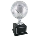 17 INCH SILVER BASKETBALL TROPHY WITH 9 INCH DIAMETER BALL ON BLACK BASE