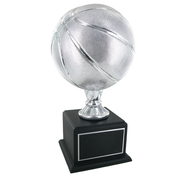 17 INCH SILVER BASKETBALL TROPHY WITH 9 INCH DIAMETER BALL ON BLACK BASE