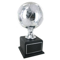 16 INCH SILVER SOCCER TROPHY WITH 8 INCH DIAMETER BALL ON BLACK BASE