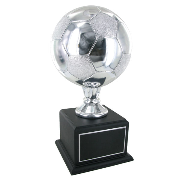 16 INCH SILVER SOCCER TROPHY WITH 8 INCH DIAMETER BALL ON BLACK BASE