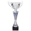 17 INCH SILVER WITH BLUE ACCENTS EURPOPEAN STYLE TROPHY CUP ON BLACK MARBLE BASE
