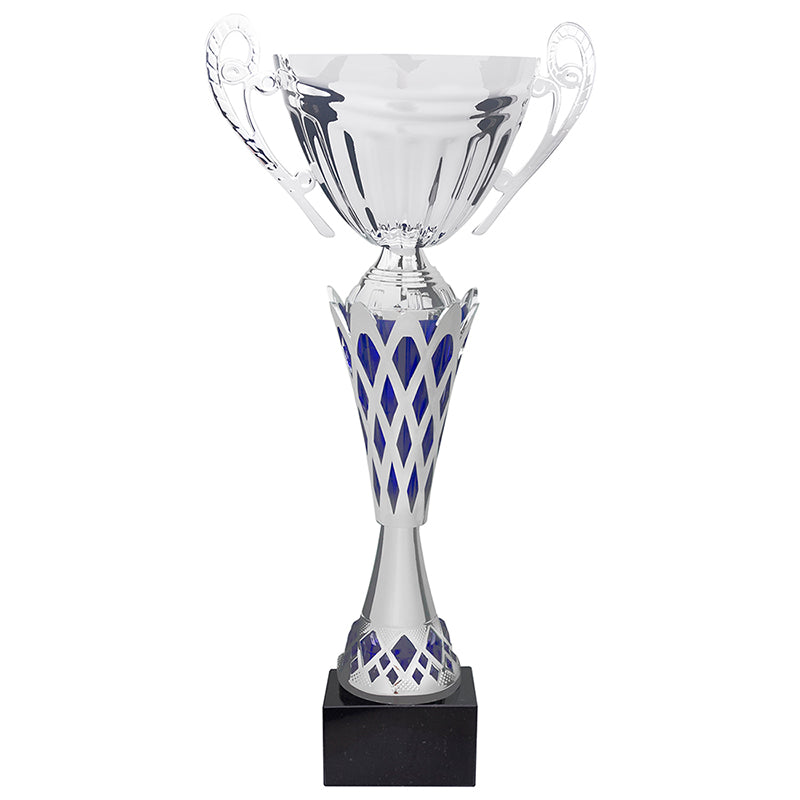 17 INCH SILVER WITH BLUE ACCENTS EURPOPEAN STYLE TROPHY CUP ON BLACK MARBLE BASE