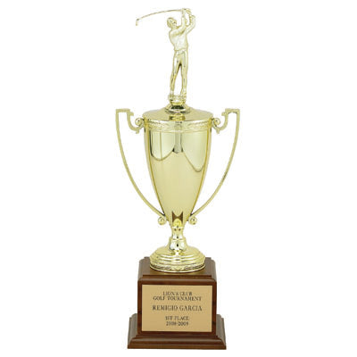 17 INCH TROPHY WITH 8-1/4 INCH GOLD CUP ON WALNUT BASE