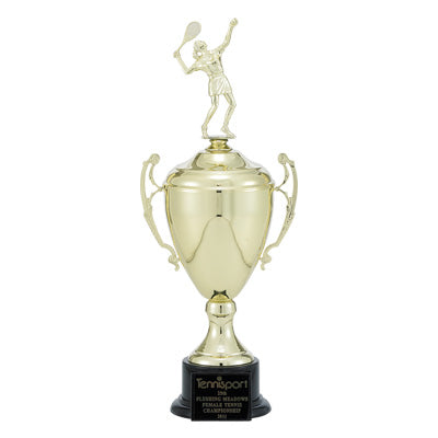 17 INCH TROPHY WITH 9-1/4 INCH GOLD CUP ON BLACK BASE TAKES INSERT