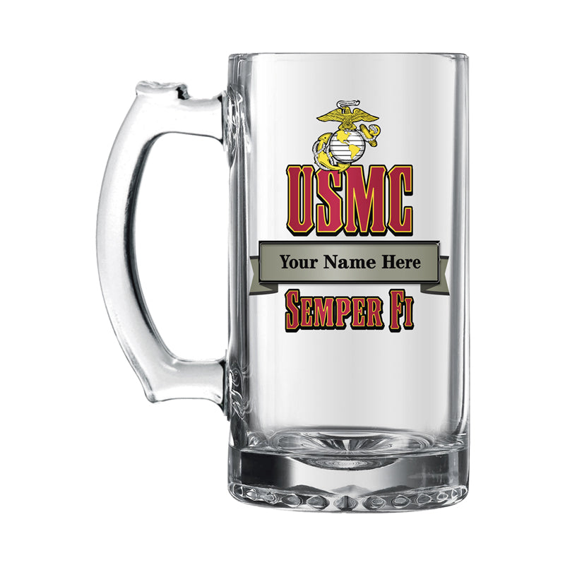 17 OUNCE U.S. MARINE CORPS GLASS TANKARD WITH BANNER FOR PERSONALIZATION NAME AND RANK
