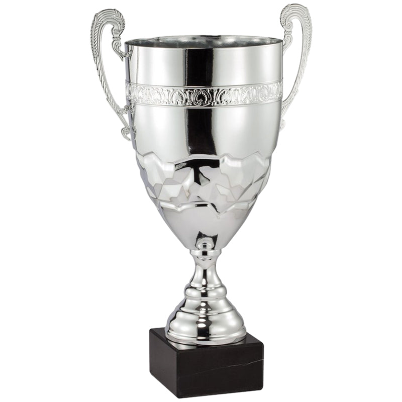 18 INCH ITALIAN SILVER DECORATIVE EMBOSSED TROPHY CUP ON GENUINE MARBLEBASE