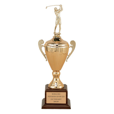 18 INCH SAVOIA SERIES TROPHY WITH 8-1/2 INCH METAL GOLD/SILVER CUP TAKES FIGURE