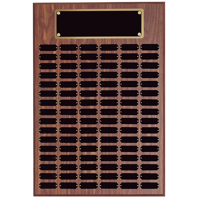 18 x 24 INCH WALNUT FINISH PERPETUAL PLAQUE WITH BLACK AND GOLD HEADER PLATE-102 NAME PLATES