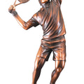 19 INCH ANTIQUE BRONZE ELECTROPLATED MALE TENNIS PLAYER TROPHY ON BLACK WOOD BASE