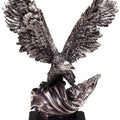 19 INCH ELECTROPLATED ANTIQUE SILVER AMERICAN EAGLE FLAG TROPHY ON BLACK BASE