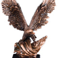 19 INCH ELECTROPLATED ANTIQUE BRONZE AMERICAN EAGLE FLAG TROPHY ON BLACK BASE