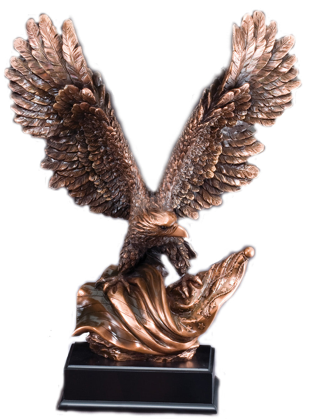 19 INCH ELECTROPLATED ANTIQUE BRONZE AMERICAN EAGLE FLAG TROPHY ON BLACK BASE