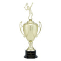 19 INCH TROPHY WITH 11 INCH GOLD CUP ON BLACK BASE TAKES FIGURE