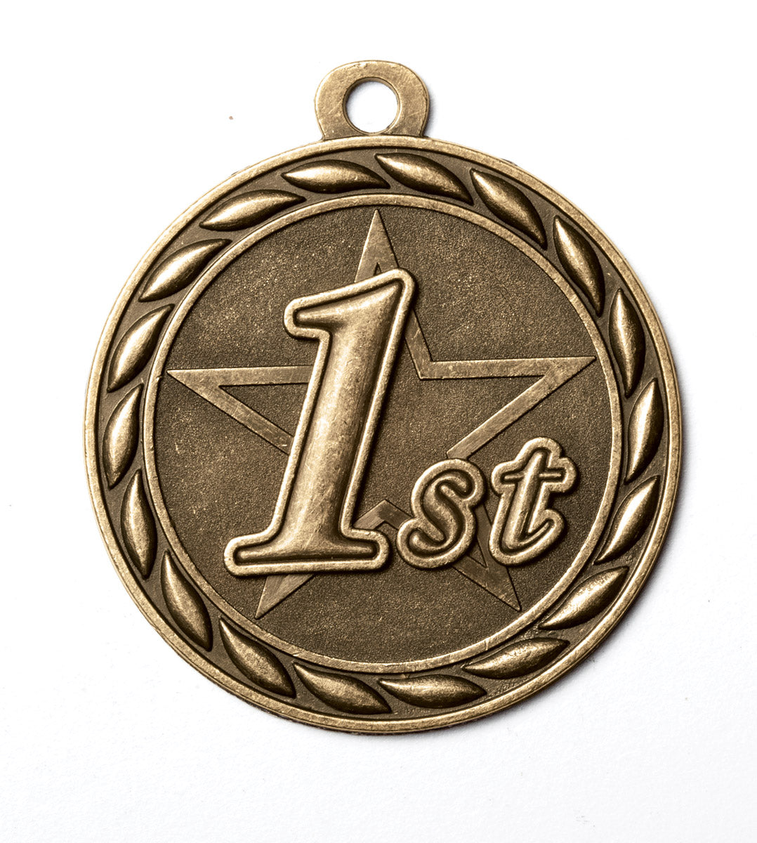 Metal 2-Inch in Diameter Round 1st Place Medal with Customizable Back in Antique Brass