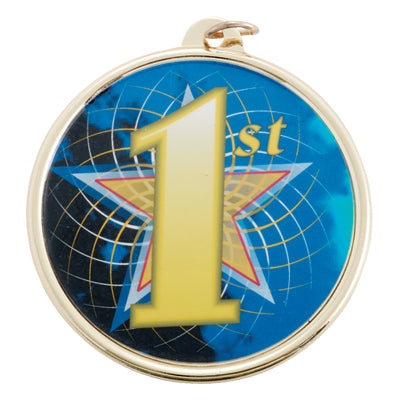 2-1/4 Inch in Diameter Round Gold Sports Medal with '1st Place' Mylar Front and Customizable Back